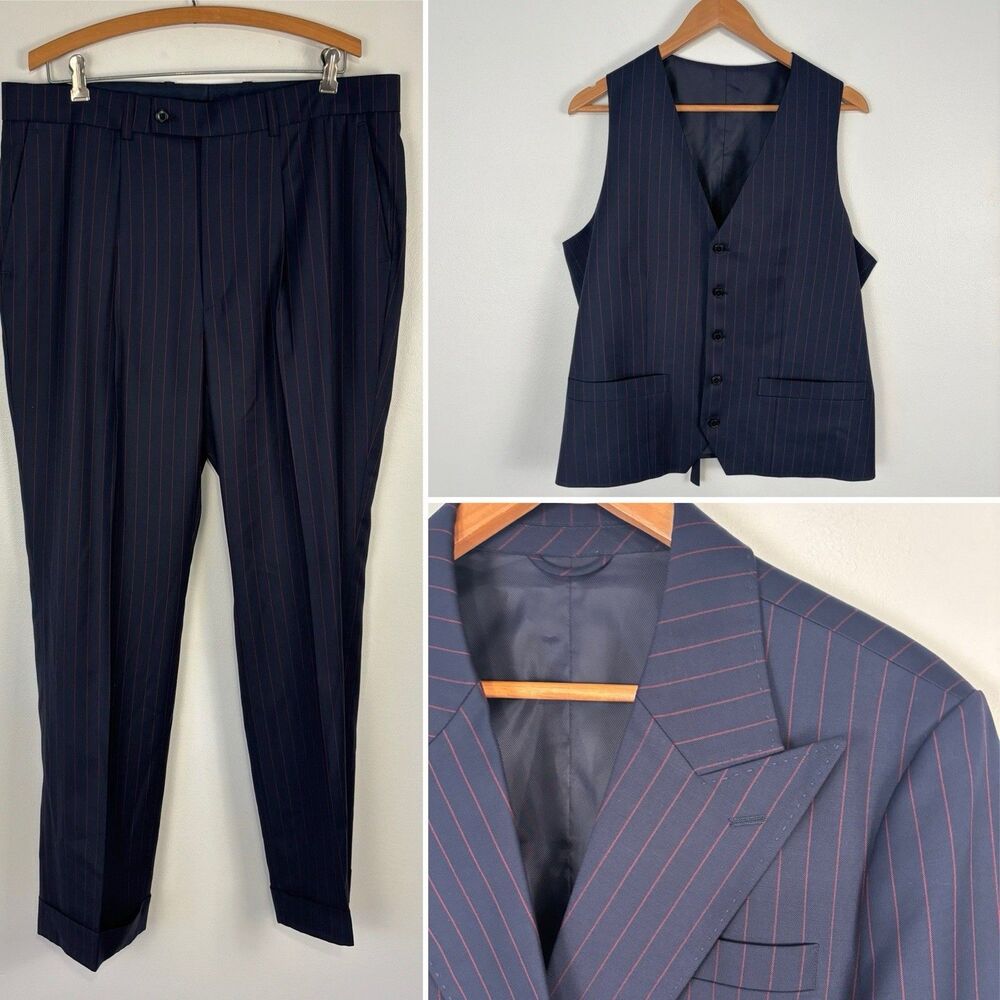 Blue Thread Project Mens 3 Piece Pinstripe Suit Navy Red Peak Lapel Vest 44R